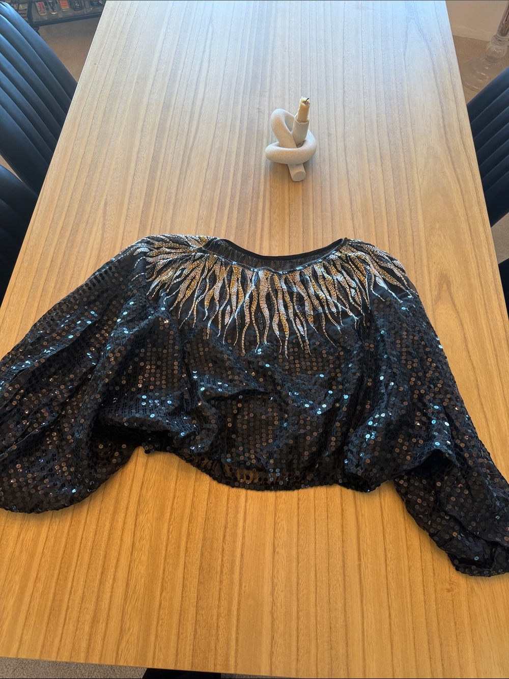 Black Sequin Top with Silver Embellished Neckline